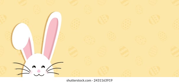 Easter bunny ears mask vector illustration. Rabbit ear spring hat set. Easter Day. Colorful Happy Easter greeting card with rabbit, bunny, eggs with banners.