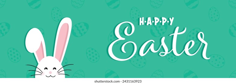 Easter bunny ears mask vector illustration. Rabbit ear spring hat set. Easter Day. Colorful Happy Easter greeting card with rabbit, bunny, eggs with banners.