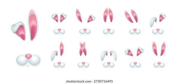 Easter bunny ears and nose set. Pink white rabbit ear headbands with matching noses in multiple variations. Cute festive elements for Easter themes, decorations. Realistic pastel vector illustration.