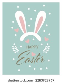 Easter bunny ears on polka dot background. Greeting card, holiday poster, cartoon children's style, vector.