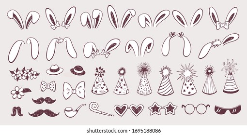 Años de conejita de Pascua, sombreros de fiesta y lentes de sol ilustraciones de elementos vectoriales de diseño. Oro de conejo aíslado sobre fondo gris.