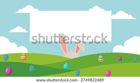 Easter bunny ears peeking over grassy hills with colorful eggs and blank banner