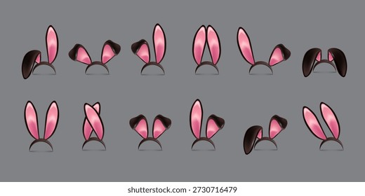 Easter bunny ears. Pink and black rabbit ear headbands in multiple shapes and positions. Easter kid, girl, woman costume designs elements. Realistic 3d vector illustrations set.
