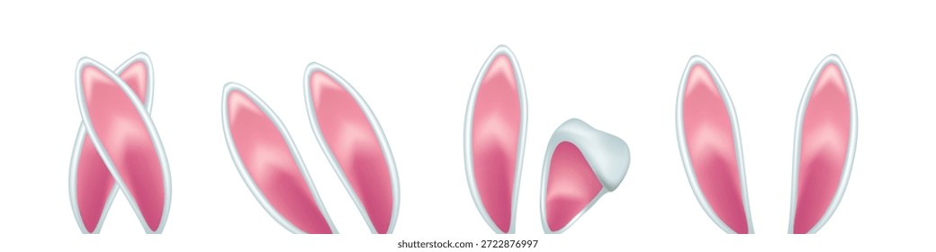 Orelhas de coelho da Páscoa. Bandas de orelha de coelho rosa e branco em múltiplas formas e posições. Criança de Páscoa, menina, mulher traje projeta elementos. Realista conjunto de ilustrações vetoriais 3d.