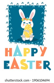 Easter Bunny ears. Easter poster and banner template with easter bunny. Greetings and presents for Easter Day in flat lay styling. Promotion and shopping template.