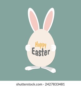 Conejito de Pascua. Orejas Conejo Vector. Conejito de Pascua blanco con huevo y texto: Feliz Pascua