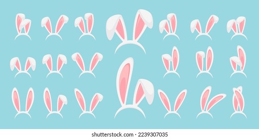 Easter bunny ears set isolated. White hare ears collection. Funny cartoon rabbit ears band for costume design vector illustration of easter rabbit or bunny