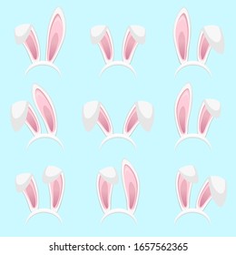 Easter bunny ears stickers collection. Set of masks Rabbit ear isolated on blue background. Vector illustration