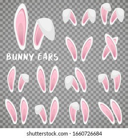 Easter bunny ears stickers collection. Set of masks Rabbit ear on transparent background. Vector illustration