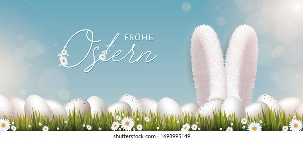 Easter bunny Ears with White eggs on Meadow with Flowers Background and Happy Easter Greeting Text in German. Frohe Ostern. Vector