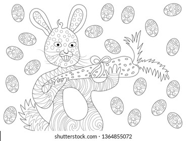 Easter Bunny Eating Carrot and Happy with Eggs in Coloring Book Design for Adults and Kids