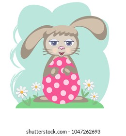 Easter bunny with an egg among the chamomiles on blue background. Vector illustration.