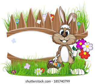 Easter bunny with egg basket and flowers near a wooden fence in the meadow