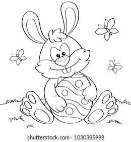 Easter Bunny with Easter egg. Black and white vector illustration for coloring book