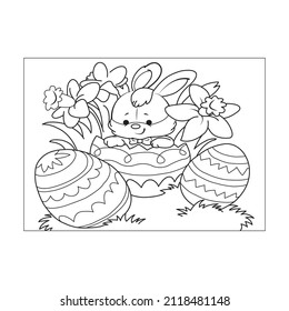 Easter Bunny with Easter egg. Black and white vector illustration for coloring book