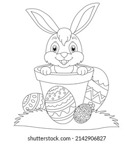 Conejo de Pascua con huevo de Pascua. Ilustración vectorial en blanco y negro para libro de colorantes