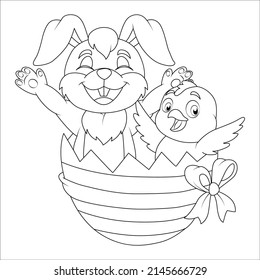 Easter Bunny with Easter egg. Black and white vector illustration for coloring book, Easter coloring page, Coloring book page, line art.