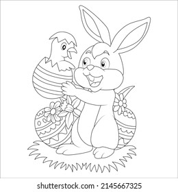 Easter Bunny with Easter egg. Black and white vector illustration for coloring book, Easter coloring page, Coloring book page, line art.