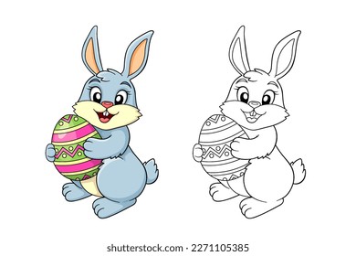 Easter Bunny with Easter egg. Black and white vector illustration for coloring book with example in color