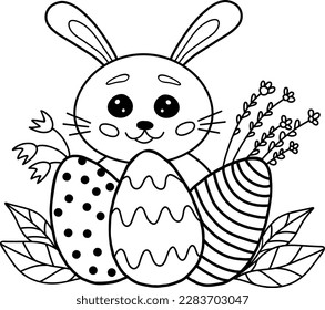 Easter bunny with an Easter egg. Black and white vector illustration for coloring. Detailed pattern of black contour flowers on a white background.