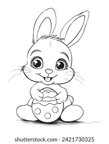 Conejo de Pascua con huevo de Pascua. Ilustración vectorial en blanco y negro para libro de colorantes