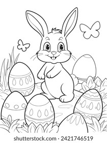 Easter Bunny with Easter egg. Black and white vector illustration for coloring book