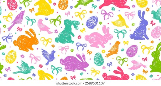 Easter bunny, egg, bow, flower pattern. Seamless Easter background. Crayon rabbit bunny, cute bow, chicken, spring rainbow flower. Vector spring chalk floral seamless pattern. Happy holiday background