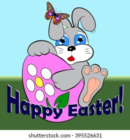 Easter bunny with easter egg and with a butterfly on the ear. Lettering - Happy Easter Day. Cartoon bunny. Gradient dark green background.