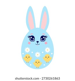 Conejo de Pascua huevo personaje con grandes ojos azules sobre fondo blanco.