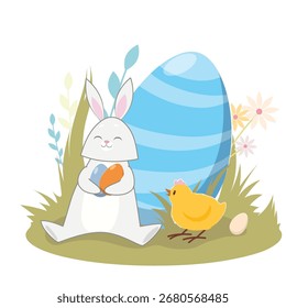 Easter bunny with egg, chicken, white background