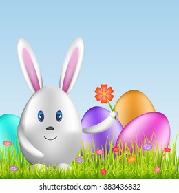Easter bunny egg and colorful eggs on spring meadow. Easter background. Vector illustration