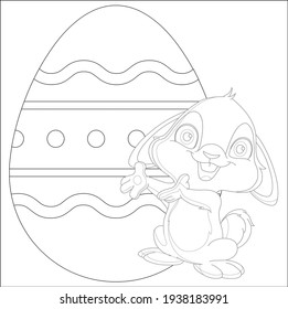 Conejo de Pascua con huevo de Pascua. Páginas de coloreado de Pascua Imprimibles y hoja de cálculo. Actividades de Pascua para niños. Ilustración vectorial en blanco y negro para el libro de colorear. Página de Colorización de Conejo para Niños!