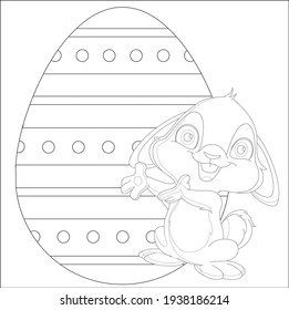 Conejo de Pascua con huevo de Pascua. Páginas de coloreado de Pascua Imprimibles y hoja de cálculo. Actividades de Pascua para niños. Ilustración vectorial en blanco y negro para el libro de colorear. Página de Colorización de Conejo para Niños!