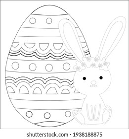 Easter Bunny with Easter egg. Easter Coloring Pages Printable and worksheet. Easter Activities for Kids. Black and white vector illustration for coloring book. Rabbit Coloring Page for Children!