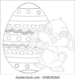 Conejo de Pascua con huevo de Pascua. Páginas de coloreado de Pascua Imprimibles y hoja de cálculo. Actividades de Pascua para niños. Ilustración vectorial en blanco y negro para el libro de colorear. Página de Colorización de Conejo para Niños!