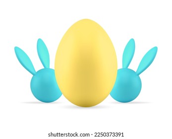 Easter bunny egg decor element for traditional Christianity holiday celebration 3d icon realistic vector illustration. Rabbit hare abstract head with long ears yellow painted eggshell minimal design