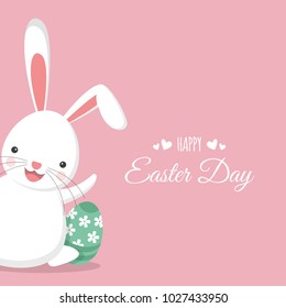 Easter bunny with easter egg. flat design. White rabbit on a pink background. Happy Easter day!