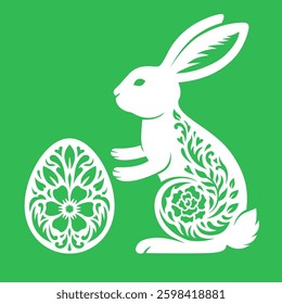 Easter Bunny with egg. Floral vector animal. Rabbit silhouette. For paper,laser cutting, sublimation. Cute festive character with ornament. Holiday symbol. Isolated on white background.