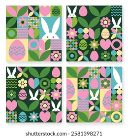 Easter bunny, egg and flower background set. Geometric design with cartoon elements. Vector illustration