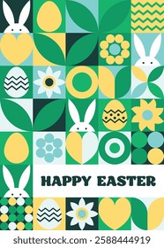 Easter bunny, egg and flower background. Geometric greeting card with cartoon elements. Vector illustration