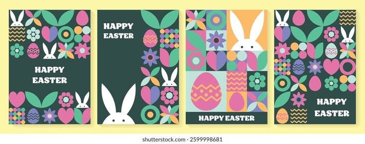 Easter bunny, egg and flower background. Collection of geometric greeting cards with cartoon elements. Vector illustration