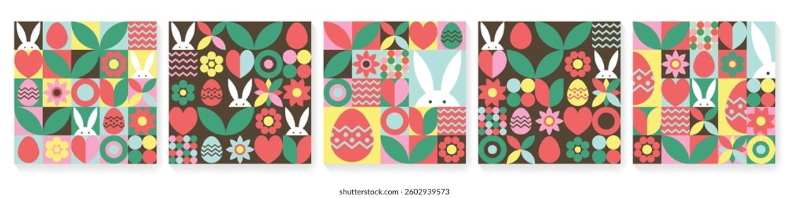 Easter bunny, egg and flower background set. Geometric design with cartoon elements. Vector illustration
