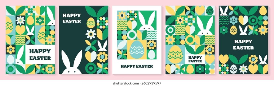 Easter bunny, egg and flower background. Collection of geometric greeting cards with cartoon elements. Vector illustration