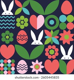 Easter bunny, egg and flower background. Geometric design with cartoon elements. Vector illustration