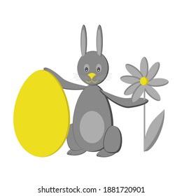 Easter bunny with easter egg and flower in hands, illustration in flat style in gray-yellow colors, holiday hunt vector art