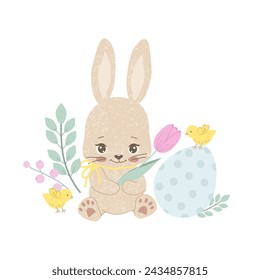 Easter bunny with egg , flowers, chickens. Happy Easter greeting card design, Vector illustration isolated on white background. Cute animal, Easter poster, print. Typography, textile, fabric, paper.