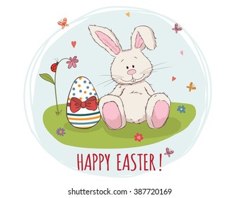 Easter bunny and egg in grass. Vector greeting card