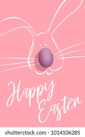 Easter bunny and egg greeting card on pink background with text Happy Easter in script font