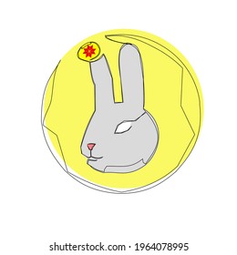 Easter bunny and egg. Grey and yellow colors. Single line contour. Can be used for logo, decoration, print for crockery.
