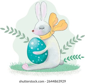 Easter bunny with egg in hands. Rabbit sits on the meadow and holds painted Easter egg. Vector illustration for Easter holiday.